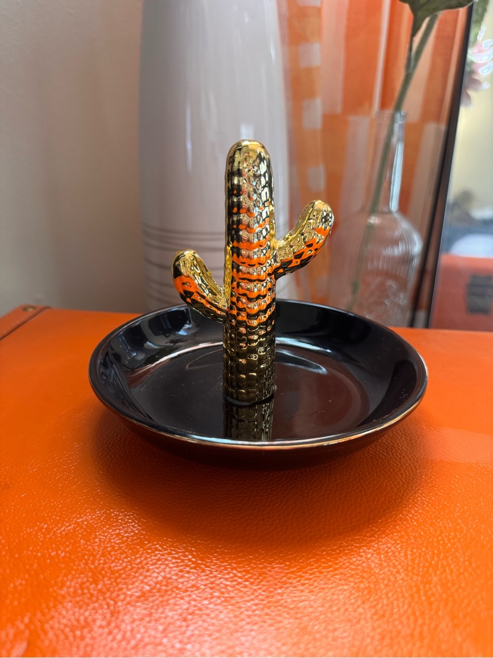 Gold Cactus Ring Dish with Black Tray
